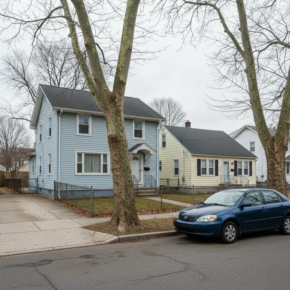 Quiet Teaneck NJ street with colonial homes and a parked car suggesting a remote bookkeeping service visit to Wayne NJ.