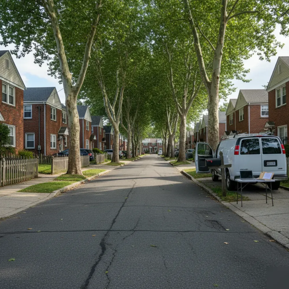 Teaneck NJ street near Columbia Park Center with small business bookkeeping setup on driveway