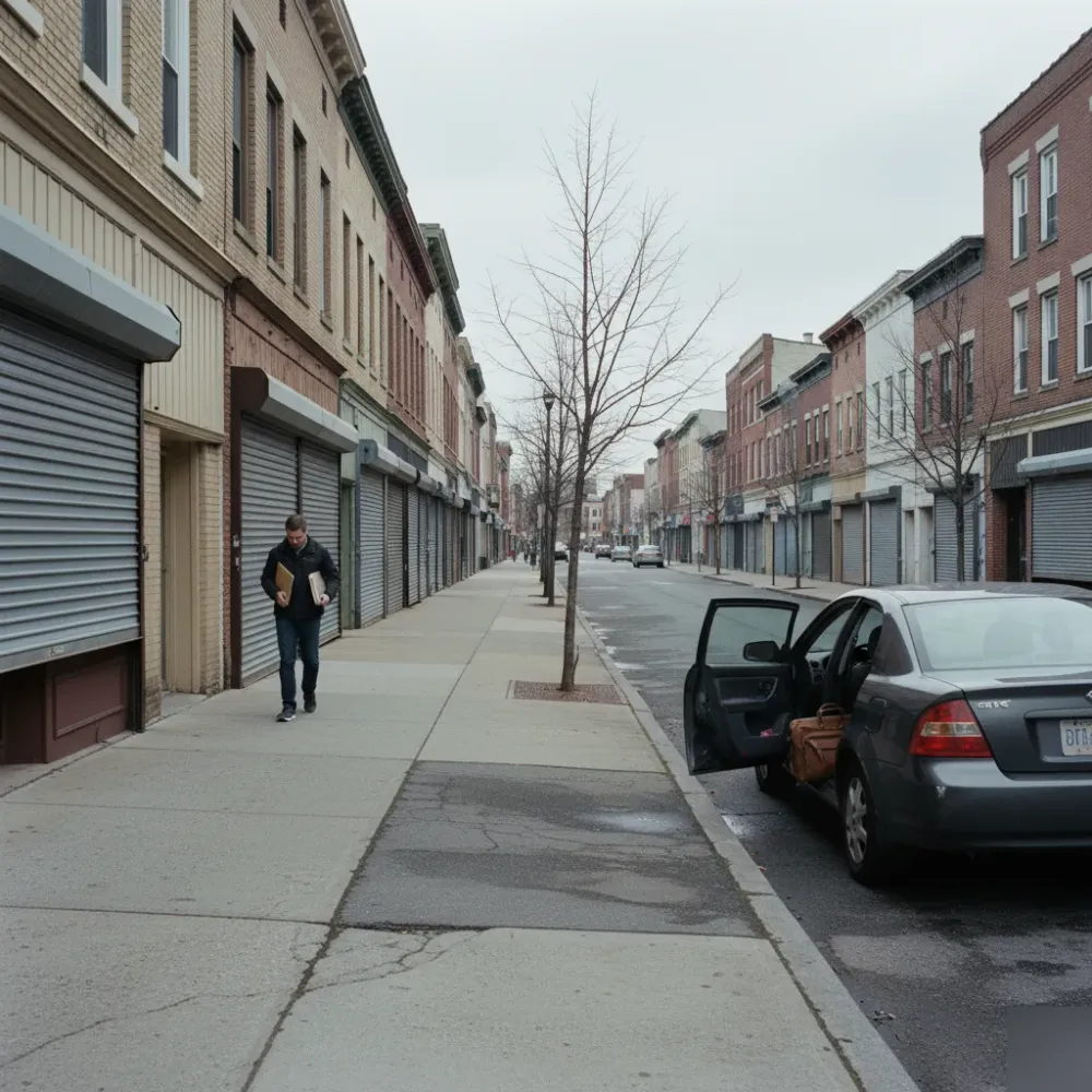 Person carrying a laptop and folder walks toward a brick storefront on a Teaneck, NJ commercial side street.