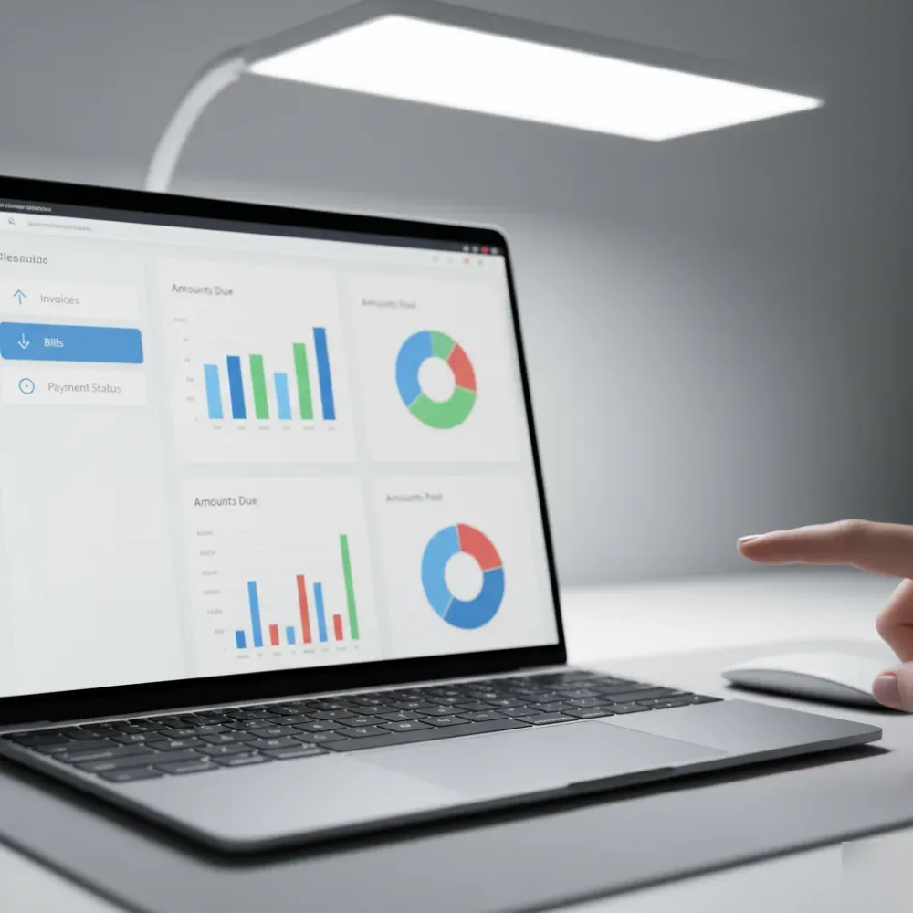 Laptop screen displays a cloud accounting dashboard with invoice and bill payment status columns visible.