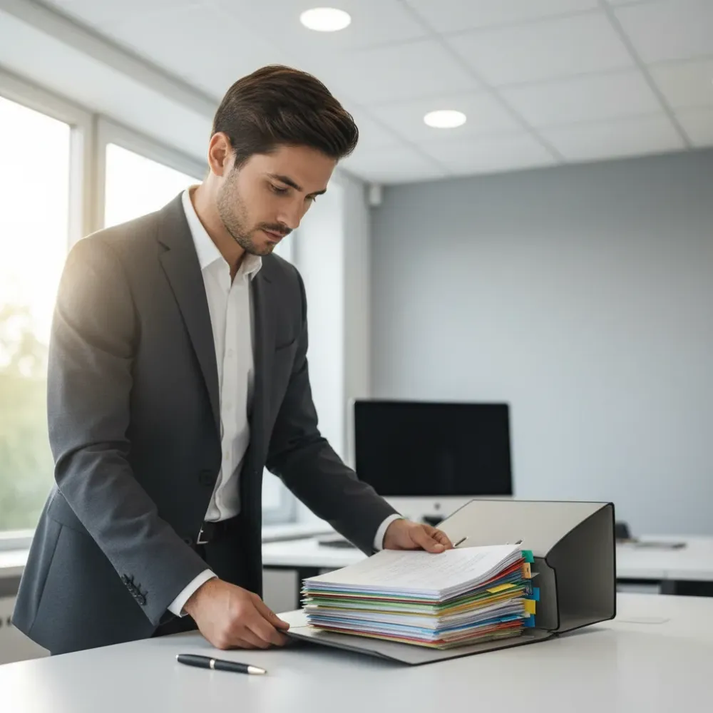 Person reviewing a completed sales tax filing folder with color-coded dividers at an office desk.