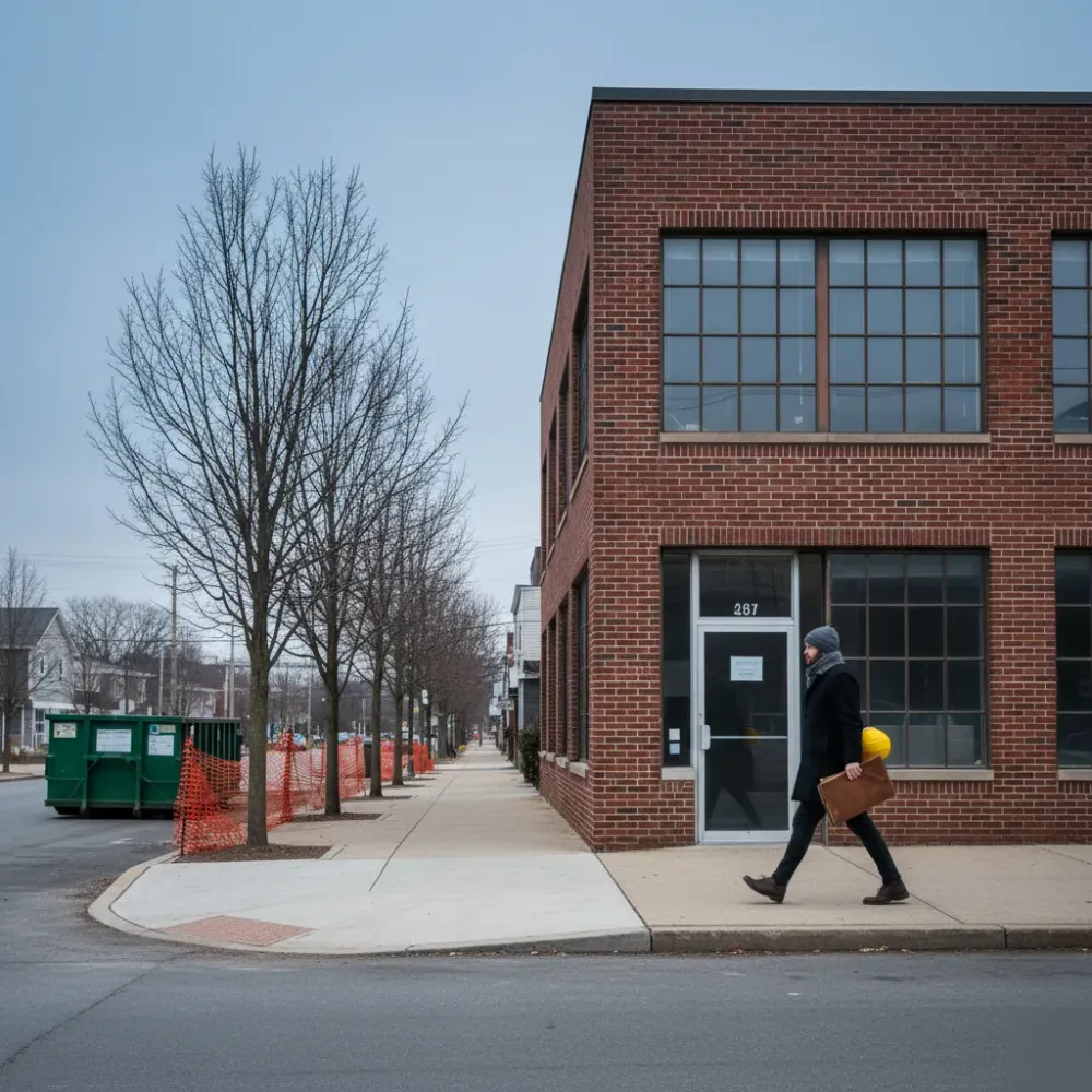 Person carrying a portfolio and hardhat walks toward a brick commercial building in Teaneck on an overcast winter day.