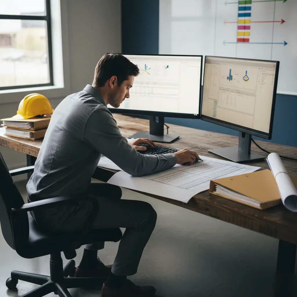 Person reviews printed job cost spreadsheets at a desk beside construction blueprints and a yellow hardhat in a Teaneck