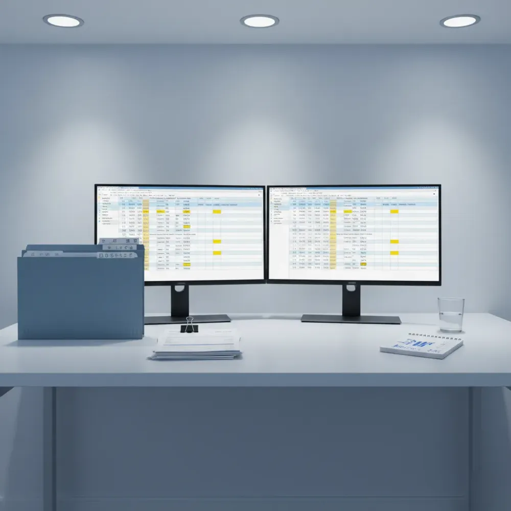 Organized desk with dual monitors showing project ledgers, sorted subcontractor invoices, and a labeled accordion folder.