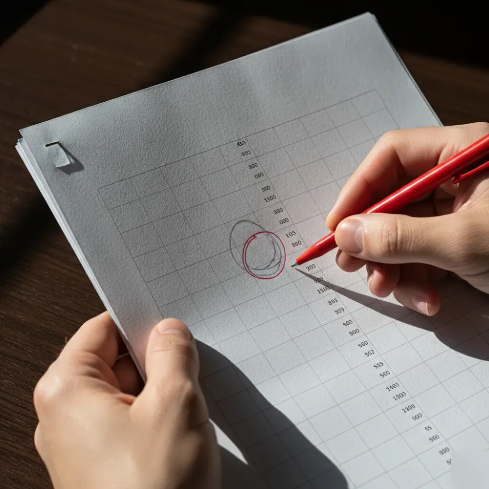 Hands circle a retainage figure on a printed WIP billing report with a red pen under a directional desk lamp.