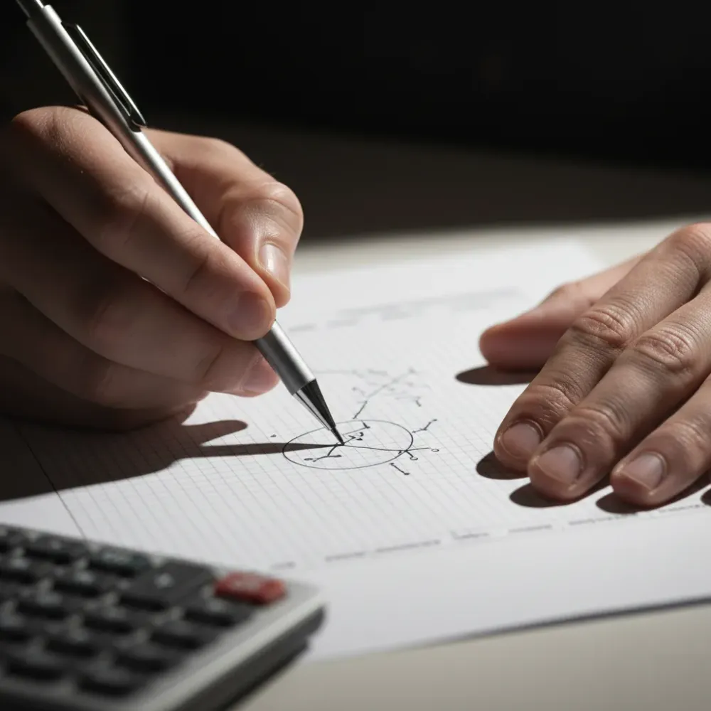 Hands annotating a printed financial projection spreadsheet with a mechanical pencil under directional desk lamp lighting.