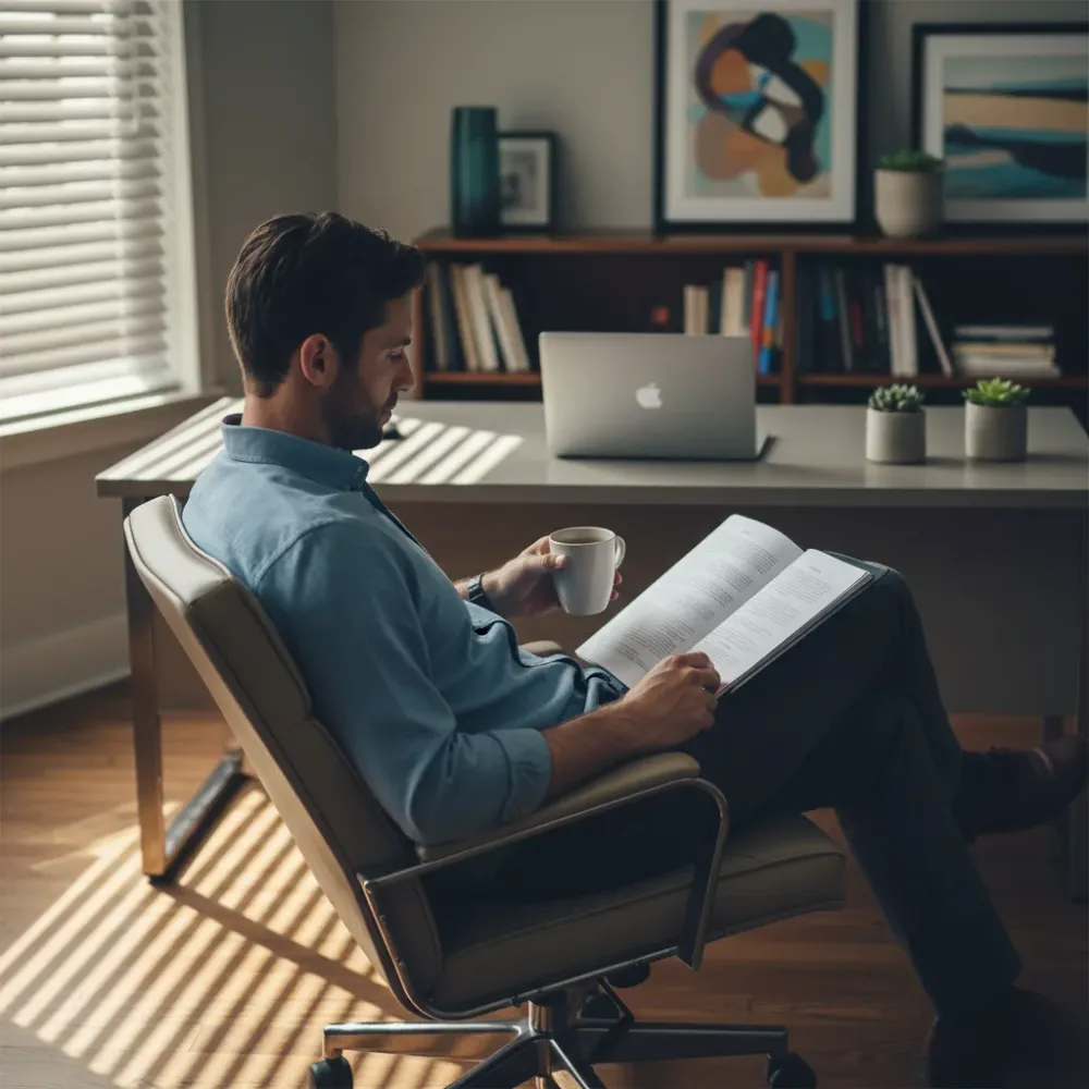 Person reviews a bound financial plan document while seated in an office chair, afternoon light crossing the floor.
