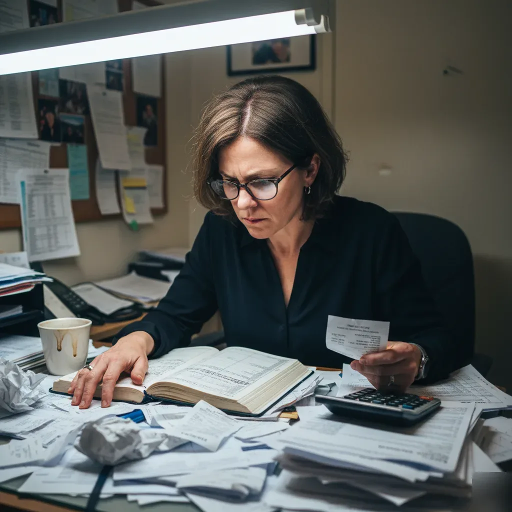 A business owner sits at a desk covered in receipts and invoices, looking stressed while reviewing financial paperwork.