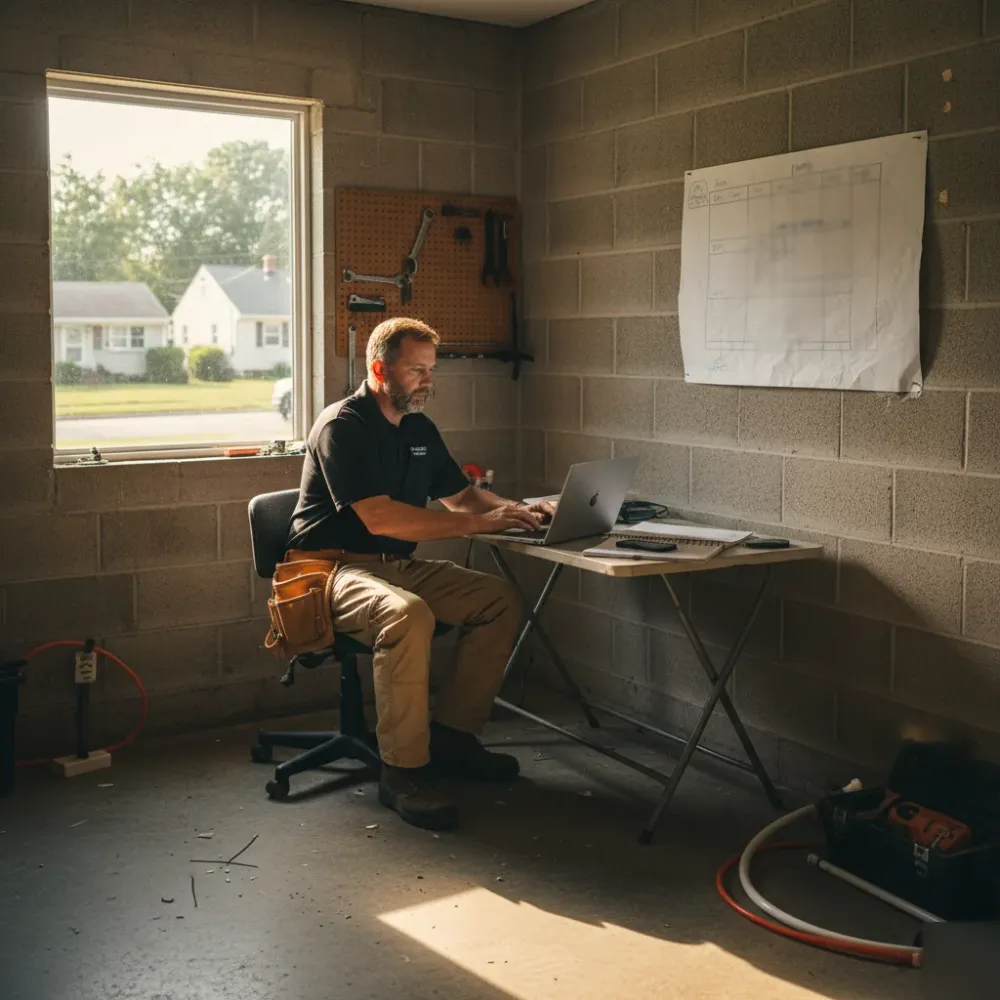 Trades worker sits at a small desk in a converted garage office with a laptop open and a printed schedule on the wall.