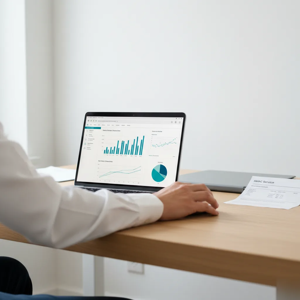 hvac-bookkeeping-financial-dashboard-laptop-teaneck Bookkeeping for HVAC COntractors - images shows business owner reviewing income trends on laptop in office