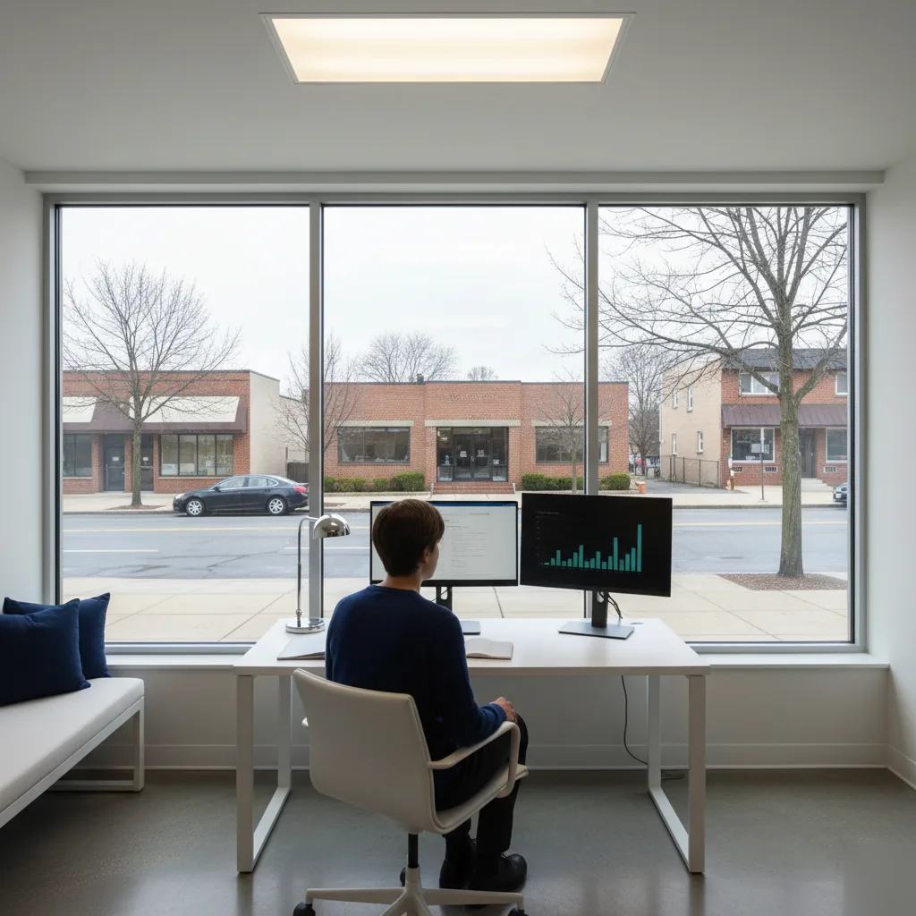 hvac-bookkeeping-office-teaneck-streetscape-environment Bookkeeping For HVAC Contractor - Image show bookkeeper working on laptop in office