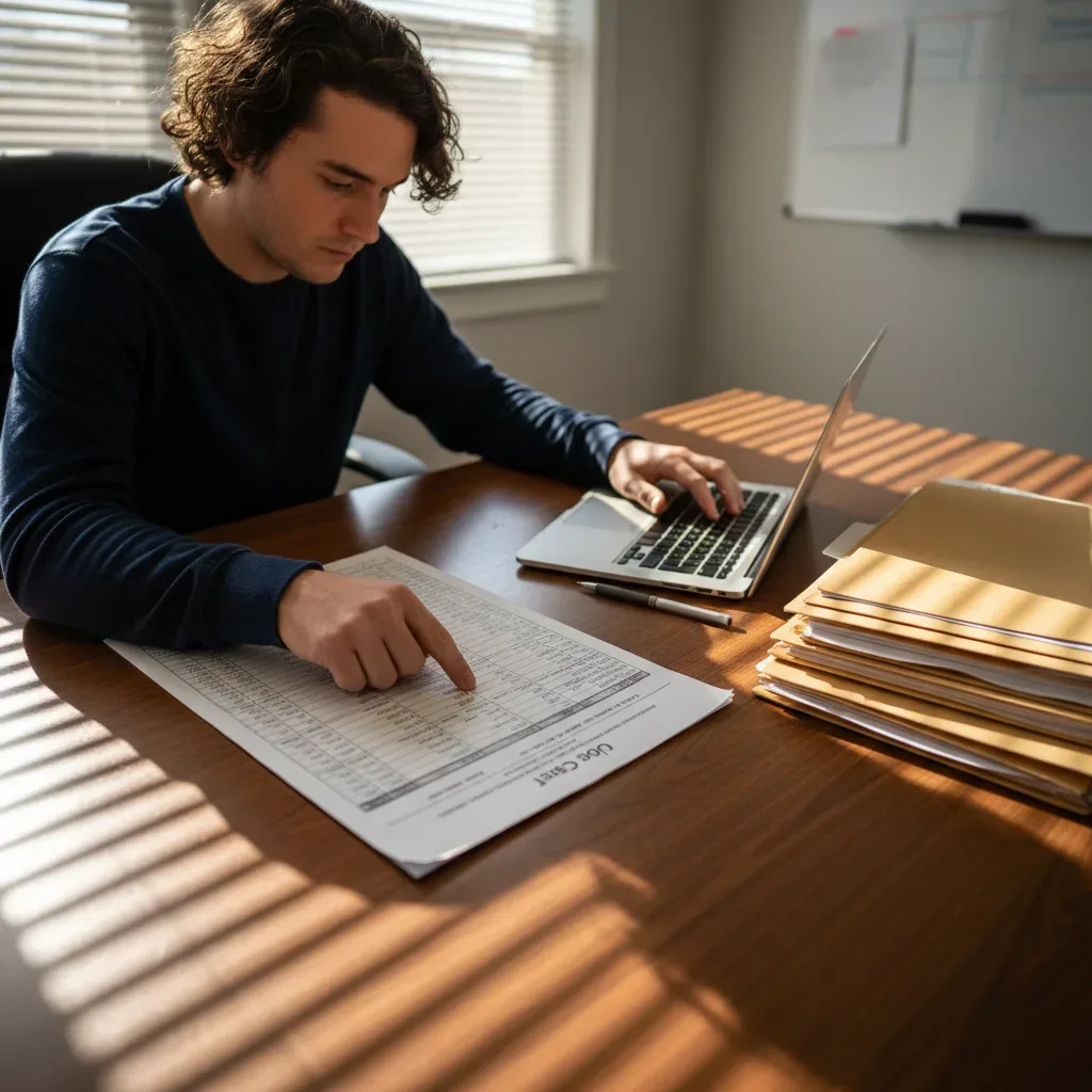 Person cross-referencing a printed job cost spreadsheet and laptop at a wooden desk in a Teaneck office.