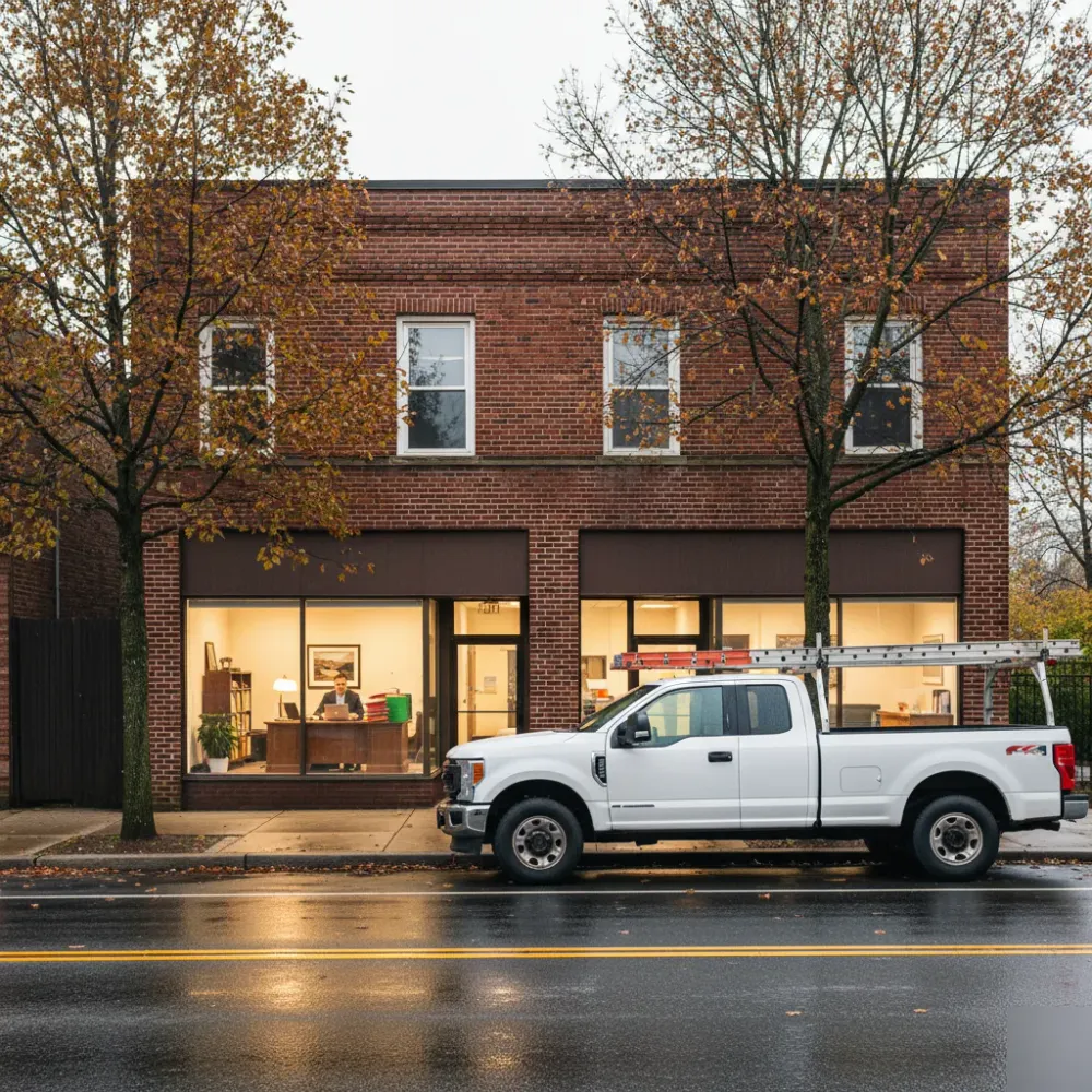 Lit office interior visible through large windows in a brick commercial building on a Teaneck street lined with autumn oak