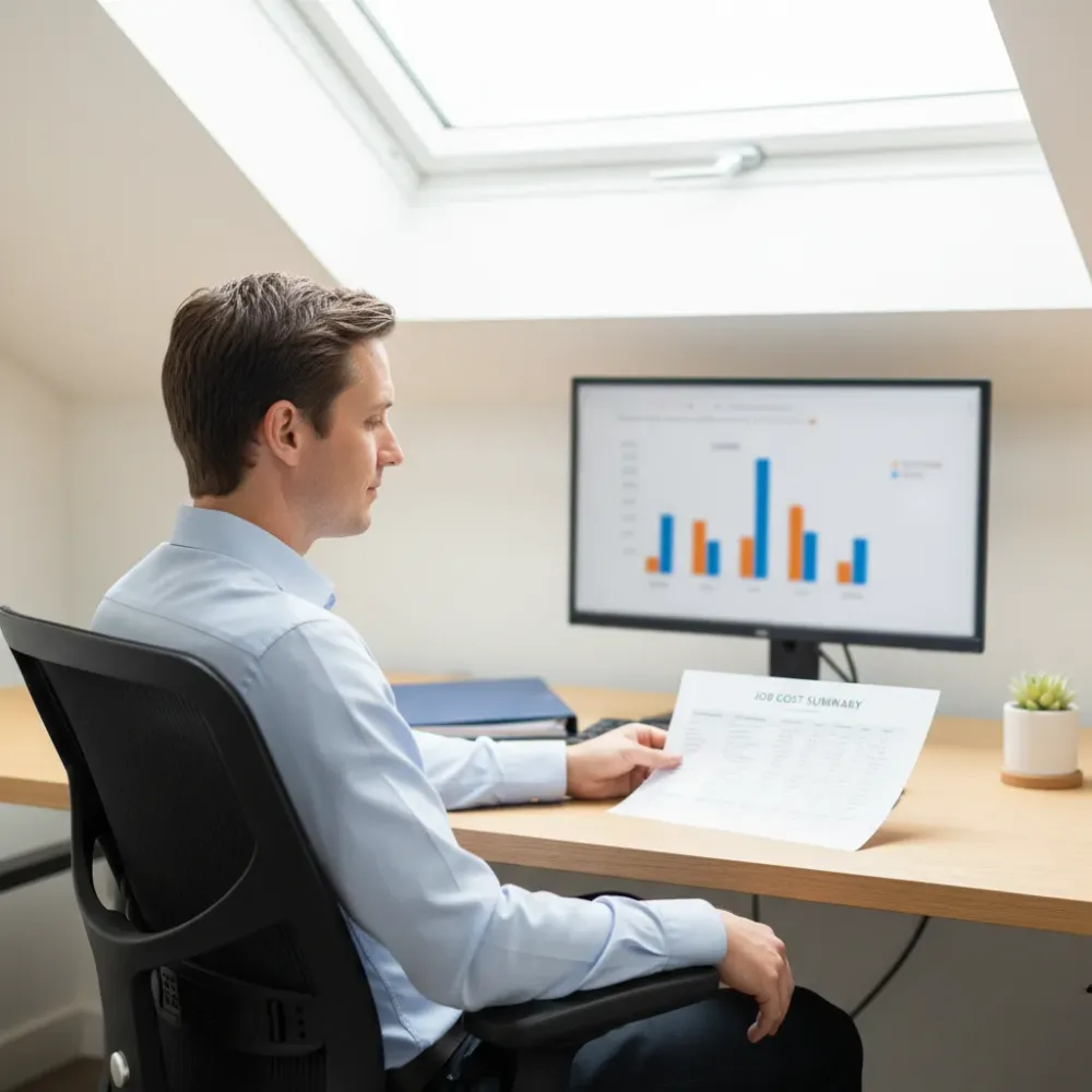 Person reviewing a completed job cost summary report at a tidy desk with a closed project folder set aside.