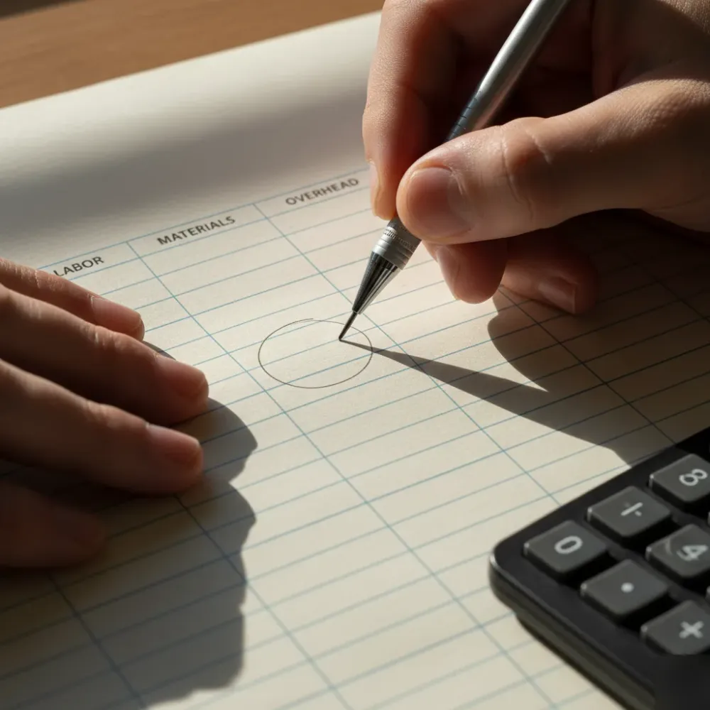 Hands circling a line item on a printed columnar ledger sheet tracking labor, materials, and overhead costs.