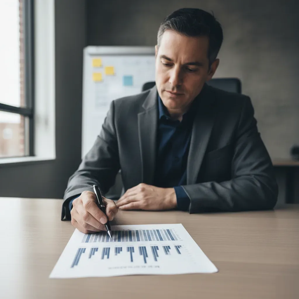 Business owner points at a printed KPI dashboard report at a desk in a Teaneck office, reviewing performance metrics.