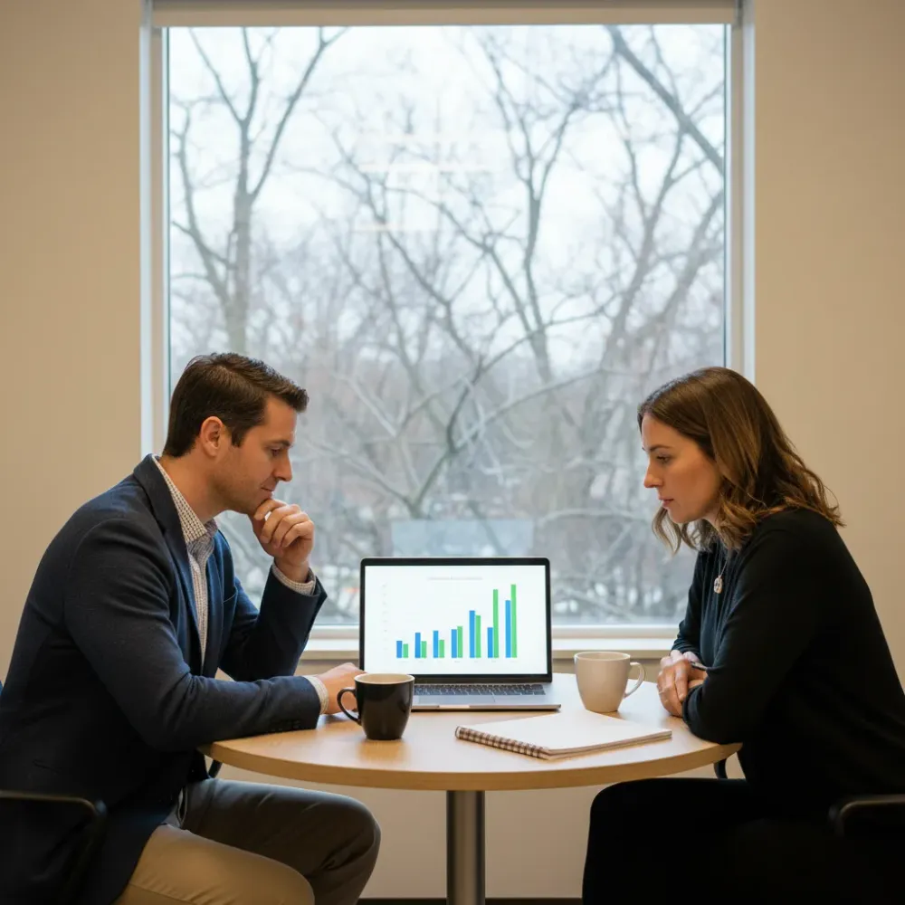 Two people review a bar chart on a laptop screen at a small conference table near a window with overcast sky outside.