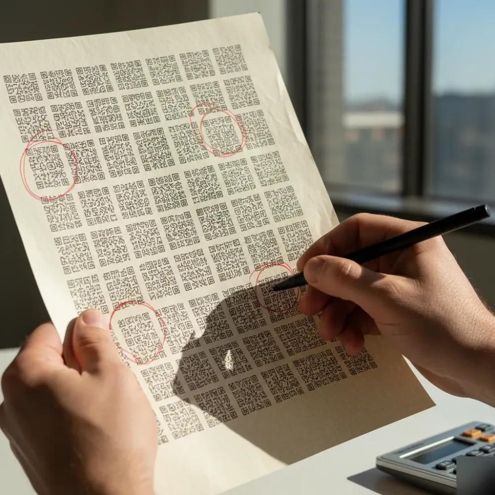 Hands holding a printed spreadsheet with circled figures in red ink during a KPI evaluation review session.
