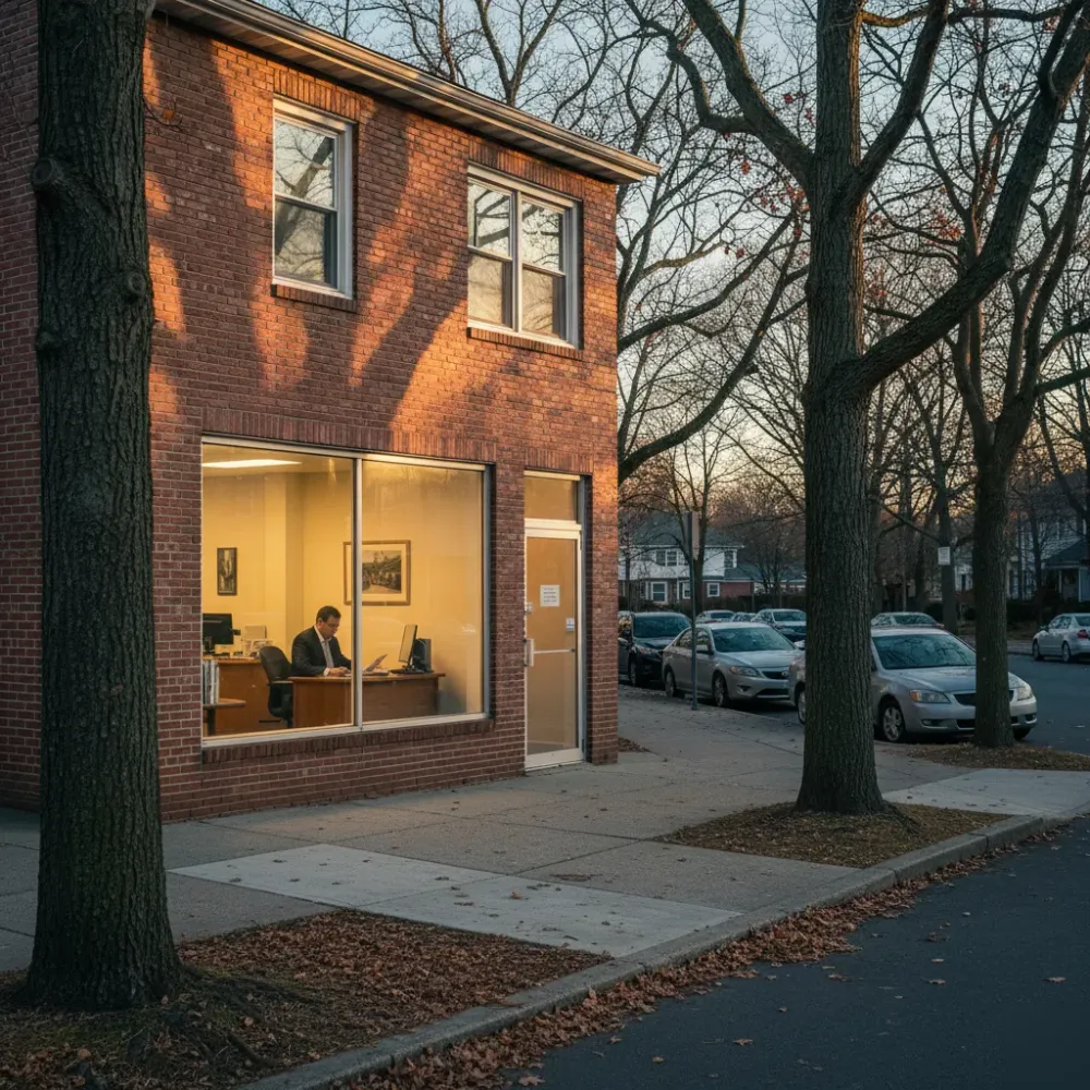 Business owner sits at a desk inside a brick storefront in Teaneck as golden hour light filters through bare oak trees