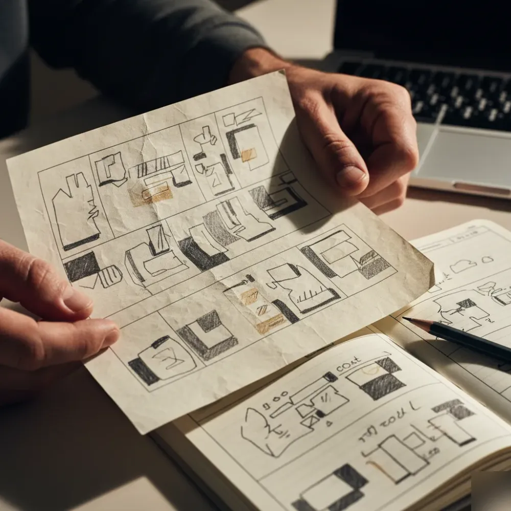 Hands holding a printed financial report next to a handwritten crew cost notebook on a desk.