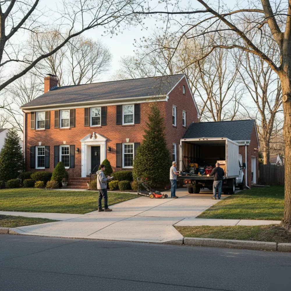 Landscaping crew loading equipment outside a colonial home in Teaneck while one member records job notes.