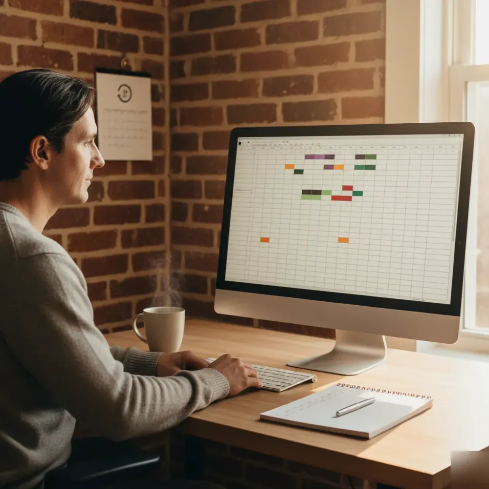Person reviews a clean financial spreadsheet at a tidy desk with a calendar marking monthly bookkeeping tasks.