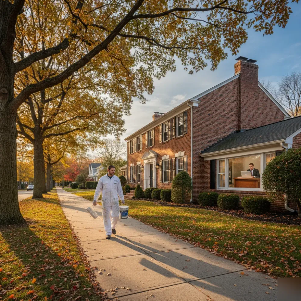 Painter carrying a roller and bucket walks toward a brick colonial building in Teaneck as a bookkeeper works inside.