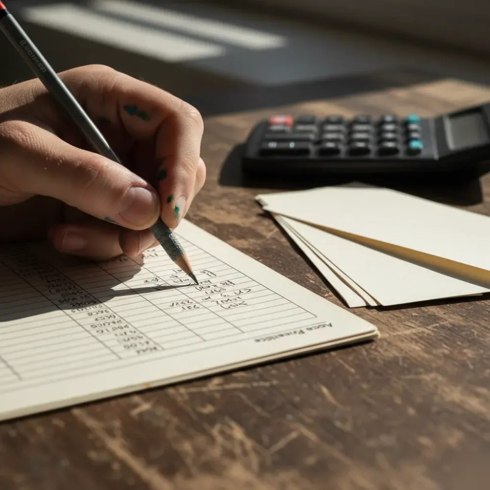 Paint-stained hands trace figures on a printed ledger beside paint supplier receipts on a wooden desk.