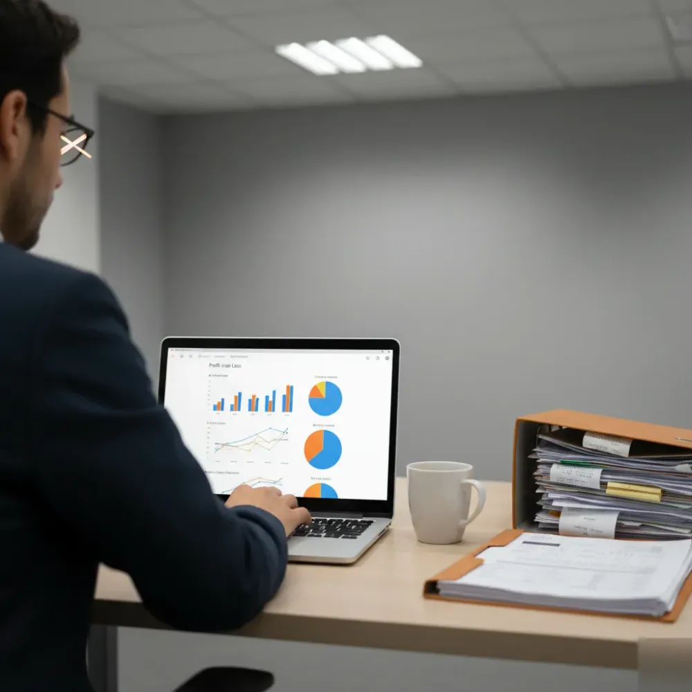 Person reviews an organized profit-and-loss dashboard on a laptop at a tidy desk with sorted invoice folders nearby.