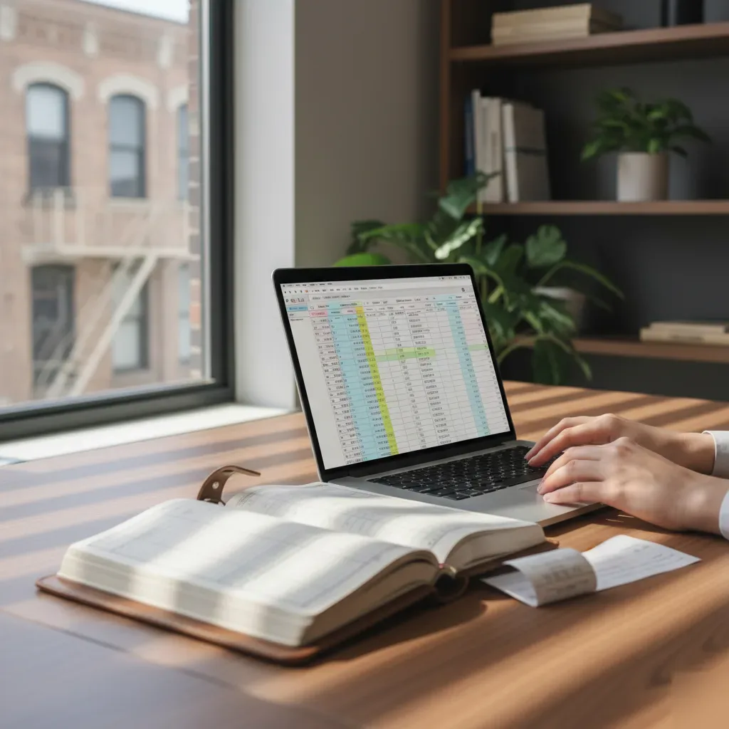 Person types payroll figures into a laptop beside an open ledger and printed pay stubs in a Teaneck office.