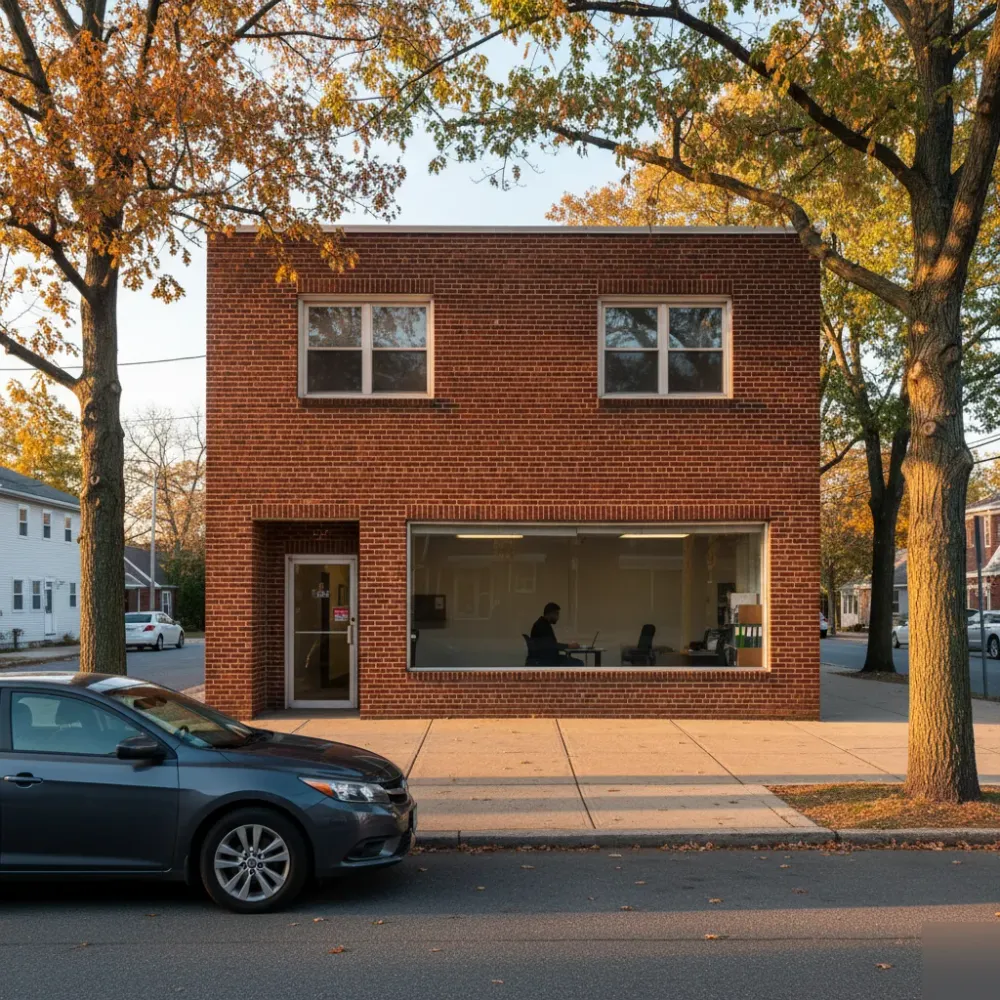 Person works at a desk with payroll folders inside a brick commercial building on a Teaneck street at golden hour.
