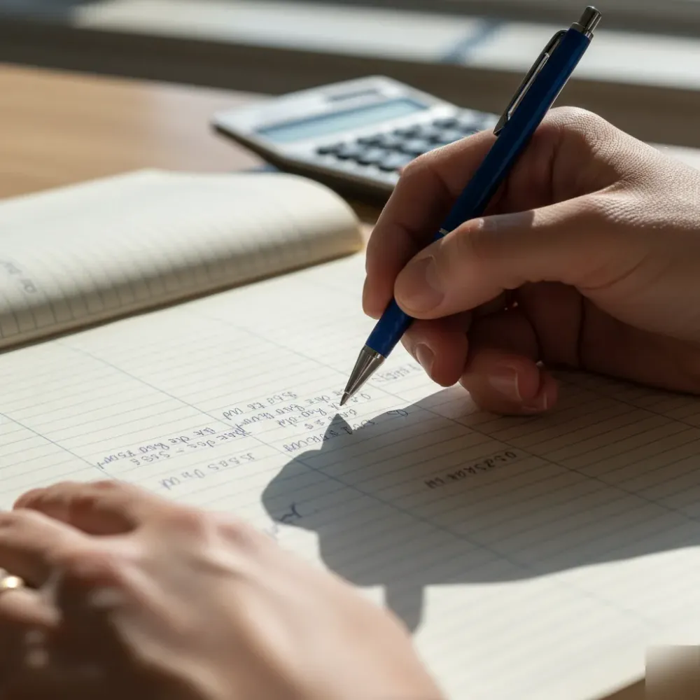 Hands holding a ballpoint pen over handwritten payroll journal columns, with a calculator blurred in the background.