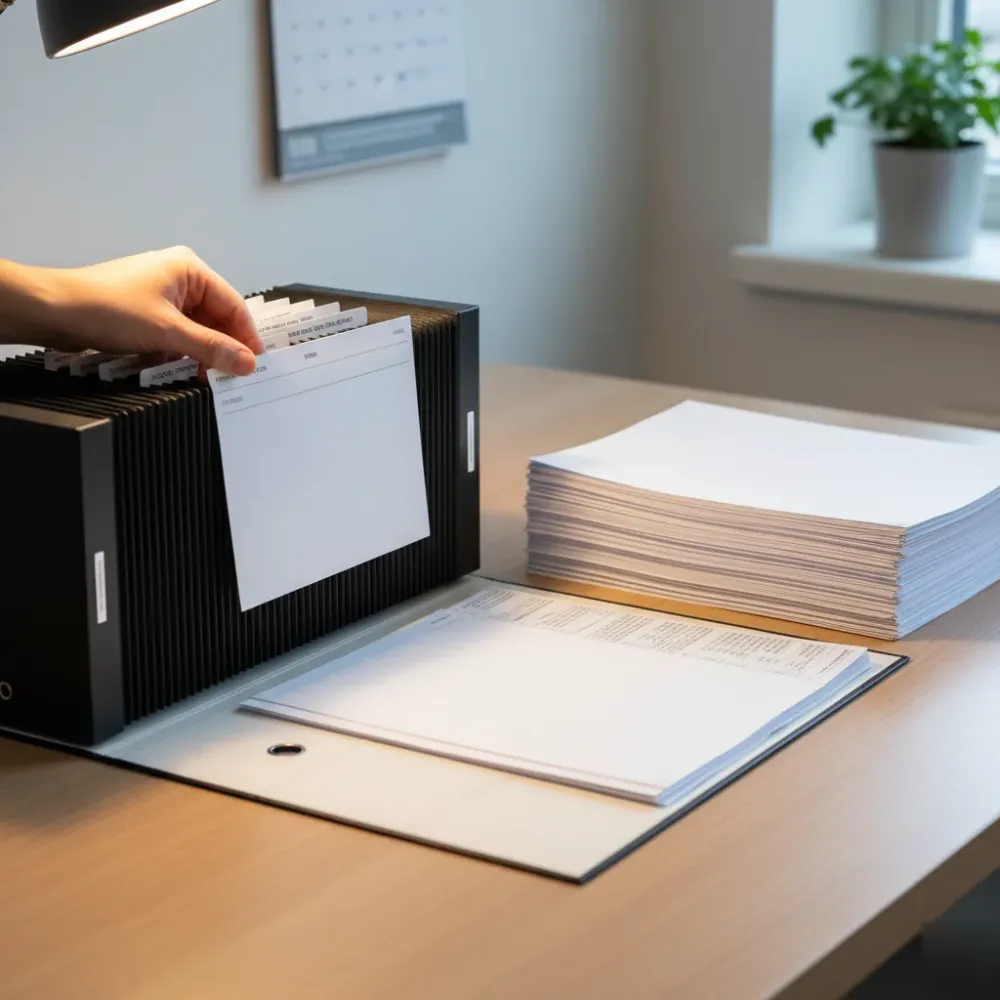 Organized payroll reports being filed into a labeled accordion folder on a clean oak desk in a small business office.