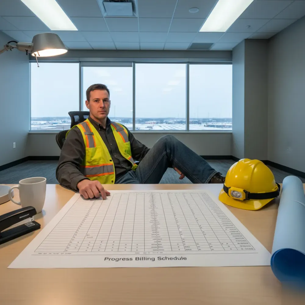 Contractor reviews a printed progress billing schedule at a clean desk beside a hard hat and folded blueprint under office
