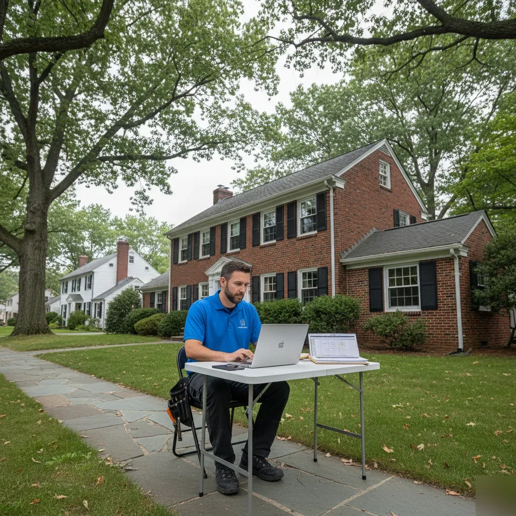 QuickBooks bookkeeping cleanup being performed outside a brick Colonial home in Teaneck, New Jersey.