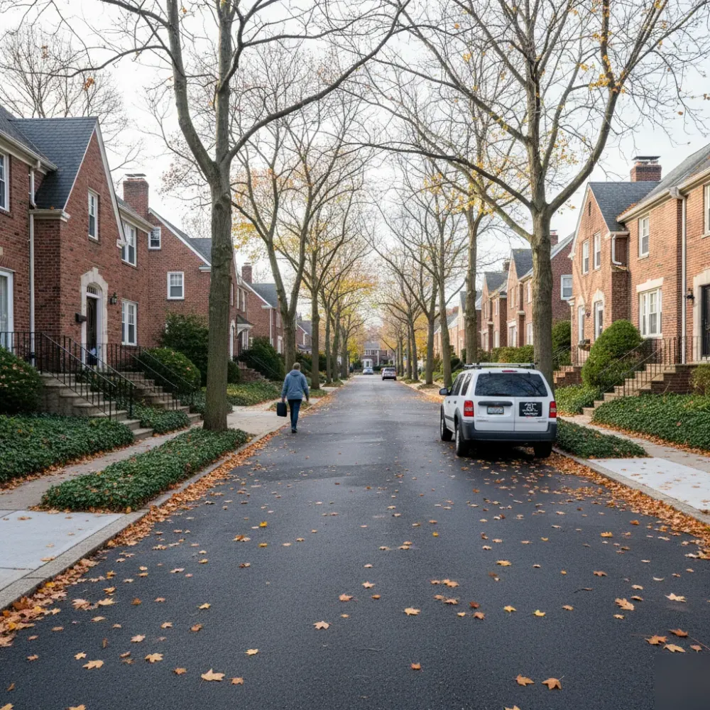 Service vehicle parked on a brick Colonial-lined street in Teaneck, New Jersey during autumn.