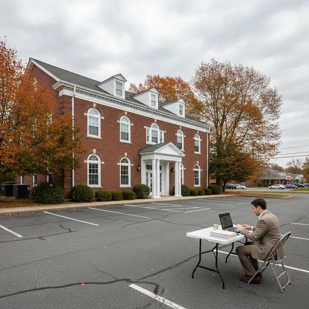 Person reviewing QuickBooks financial records outside a brick Colonial commercial building along Ridgedale Avenue in Cedar
