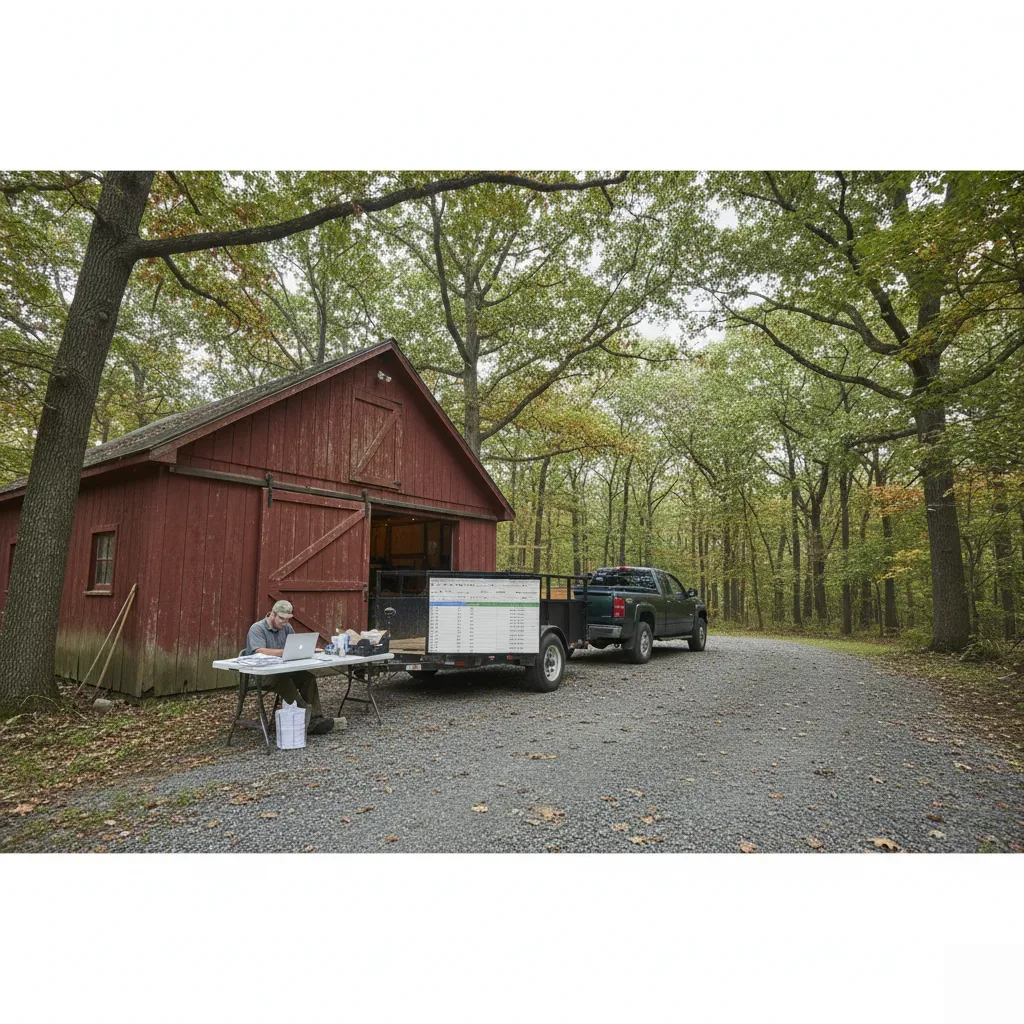 Person reviewing QuickBooks records outside a rural garage near Green Village, NJ, surrounded by mature trees.