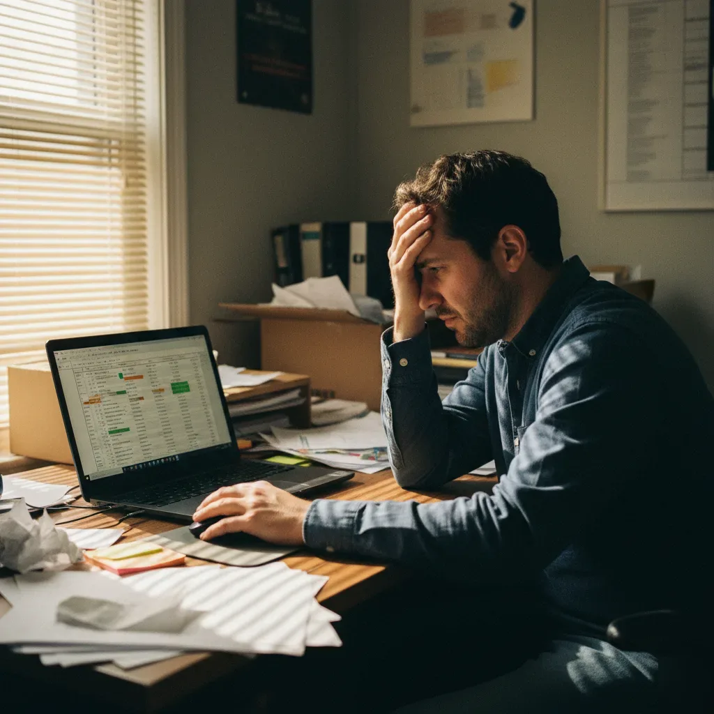 Small business owner stares at a laptop screen filled with financial errors, surrounded by scattered receipts and papers.
