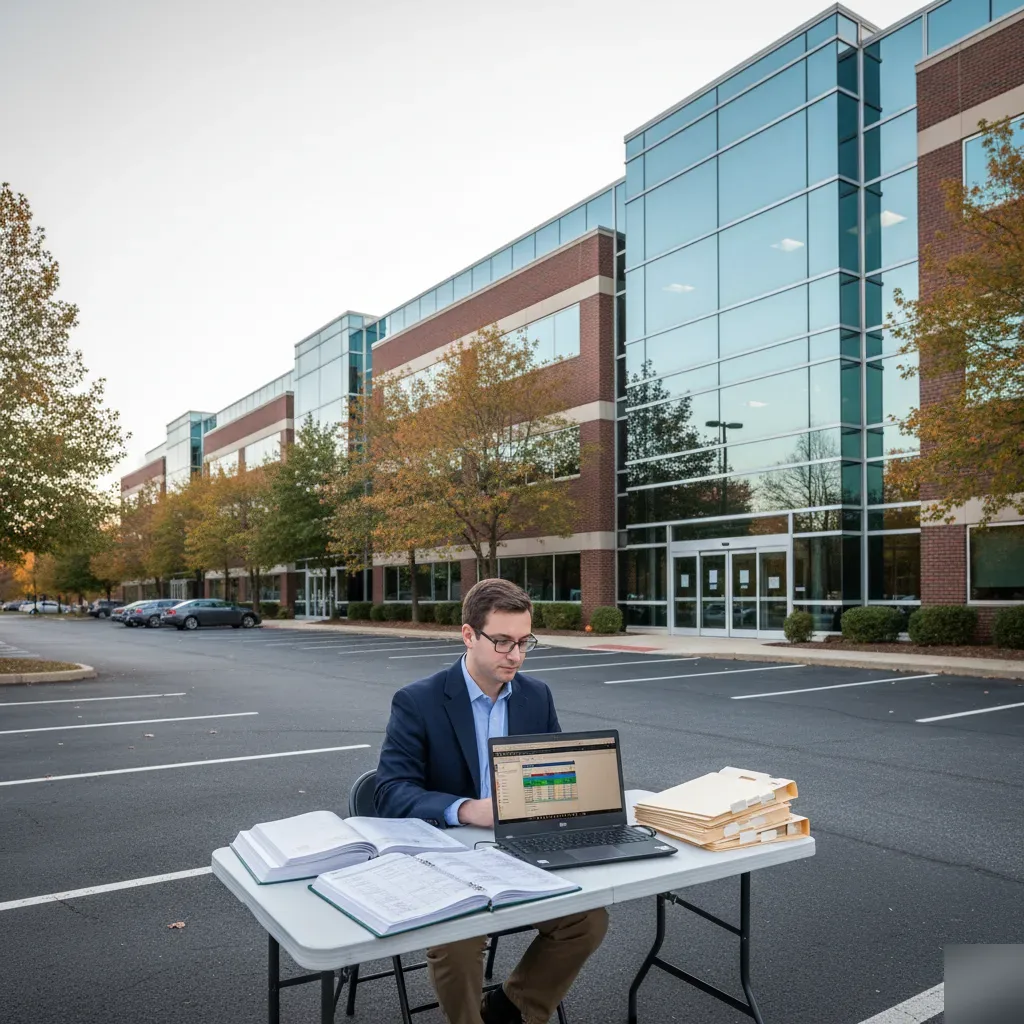 Person reviewing QuickBooks records outside a Parsippany, NJ corporate office park near Veterans Memorial Park.