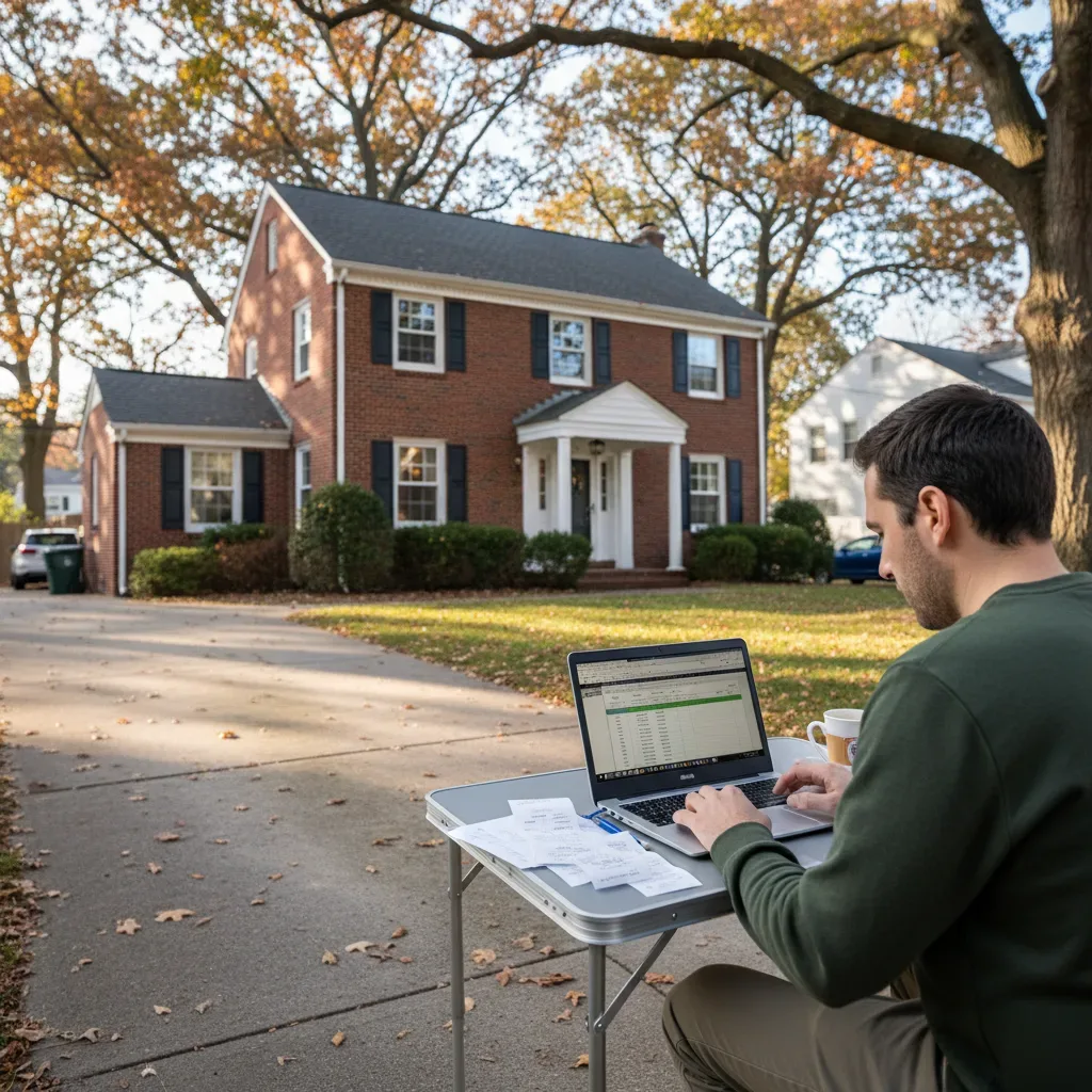 QuickBooks cleanup services being performed on a laptop outside a brick Colonial home in Teaneck, New Jersey.