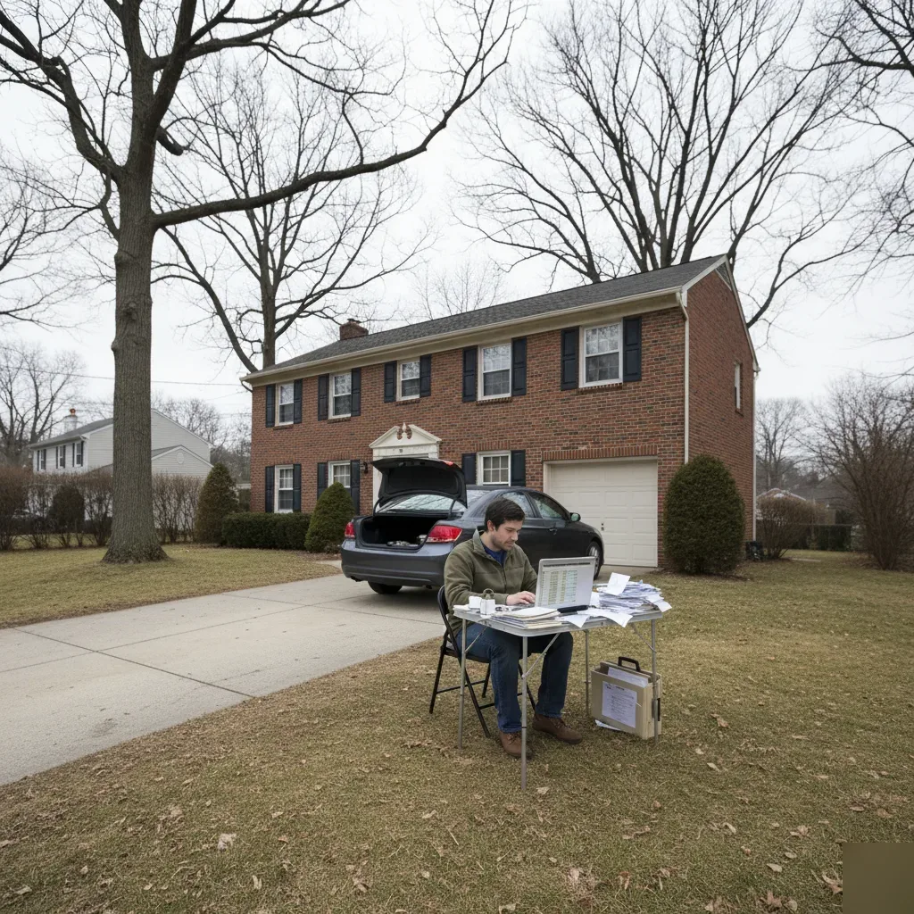 Person doing QuickBooks cleanup work on a laptop outside a brick colonial home in Teaneck, NJ.
