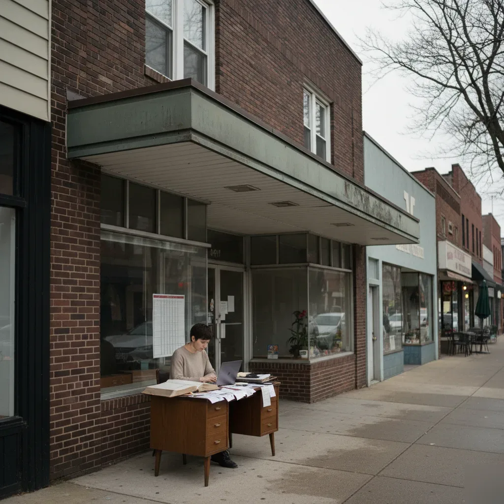 QuickBooks cleanup services being performed outside a brick mixed-use storefront on a Teaneck, NJ commercial street.