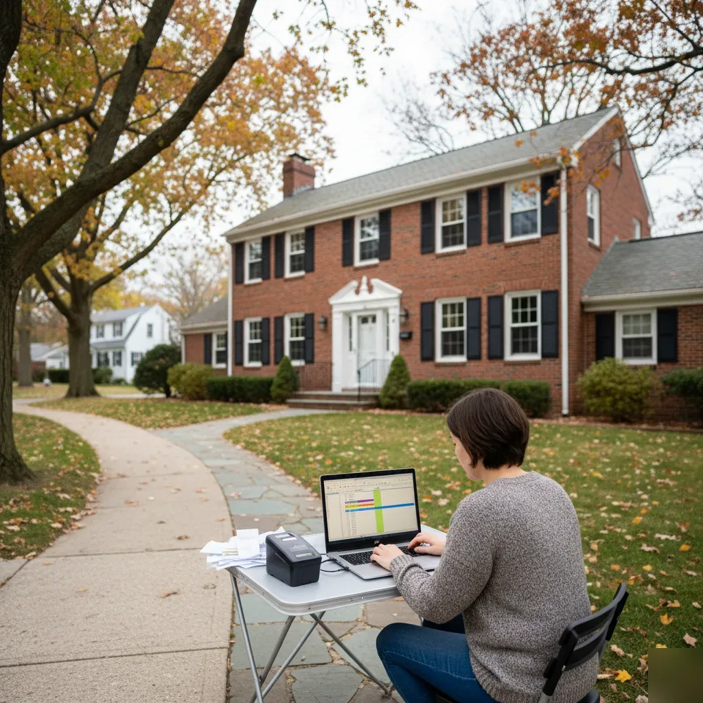 Person reviewing financial records on a laptop outside a brick Colonial home in Teaneck, New Jersey.