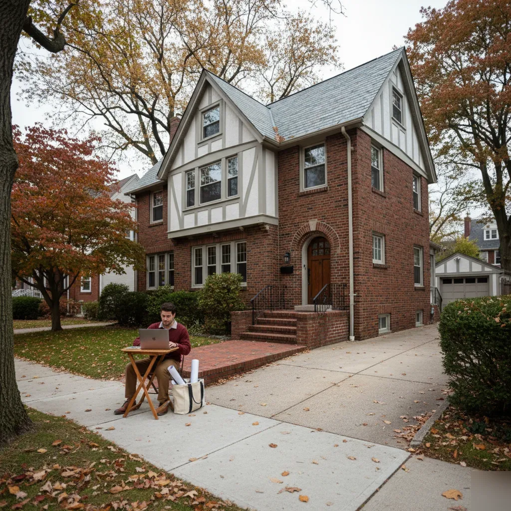 QuickBooks cleanup services being performed outside a Tudor-revival brick home in Teaneck, New Jersey.