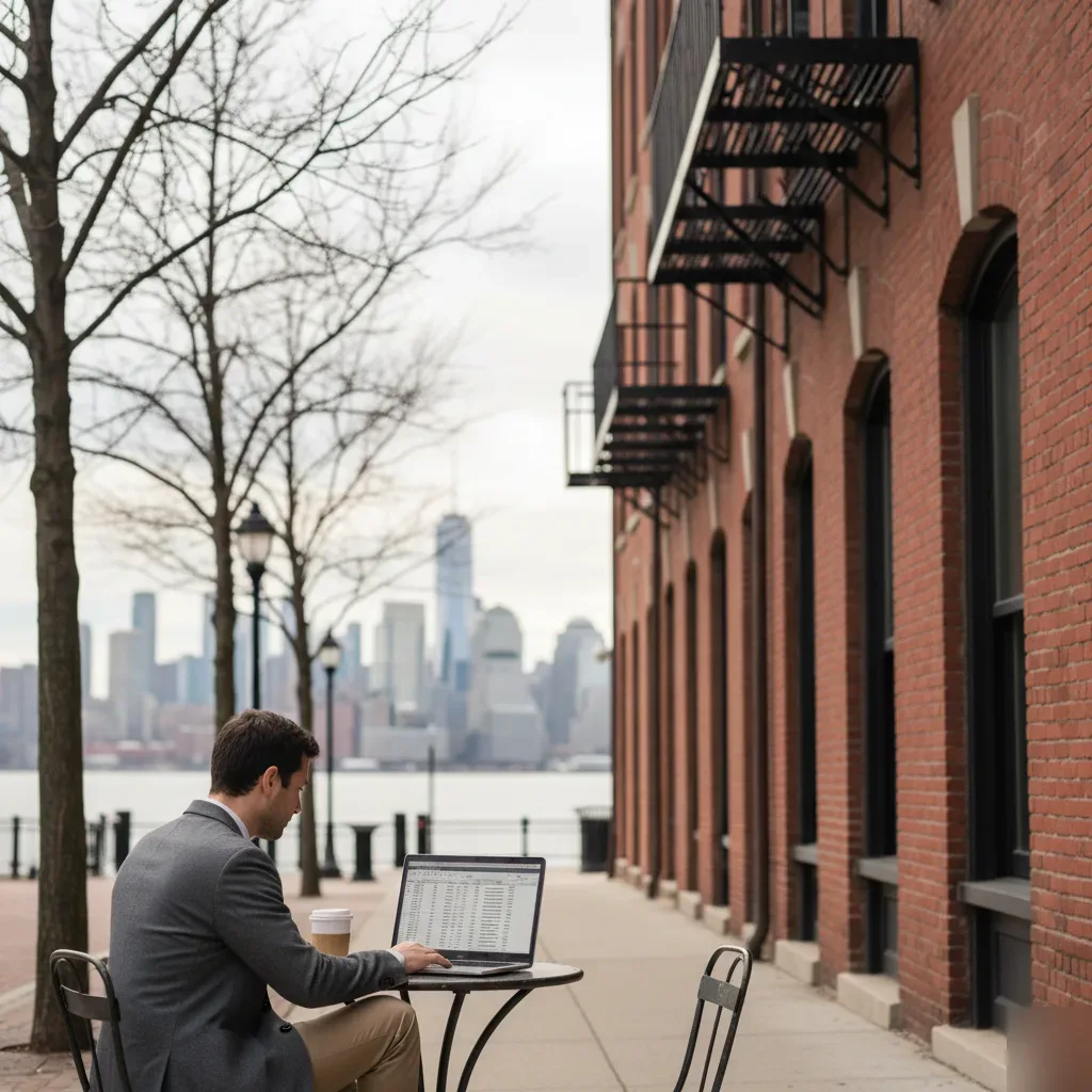 QuickBooks cleanup services near Sinatra Park Hoboken NJ with Teaneck business owner at waterfront.