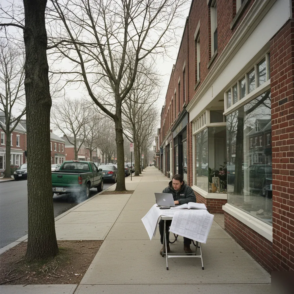 Person reviewing QuickBooks financial records on a laptop outside a brick storefront along Spring Valley Road in Teaneck, NJ.