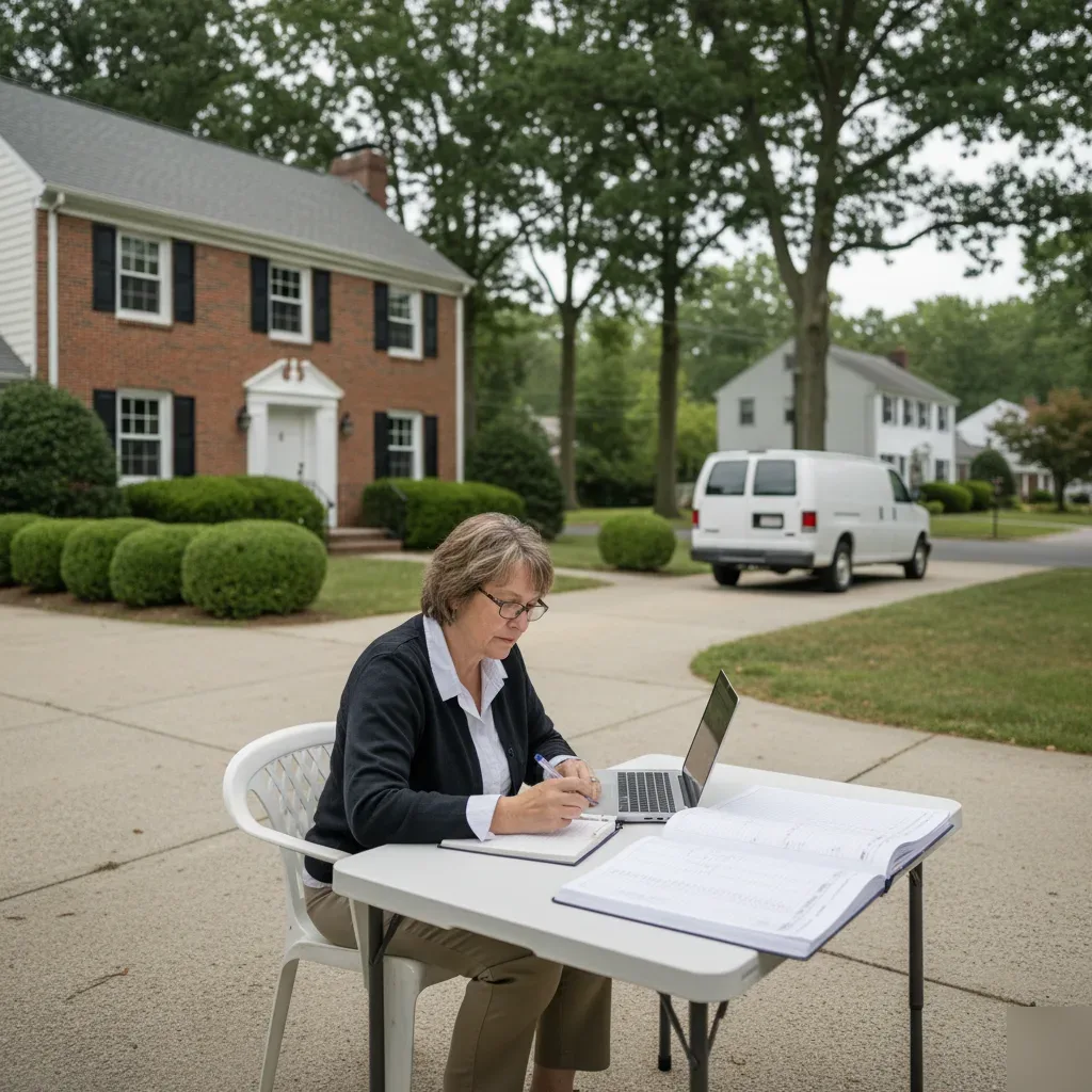 QuickBooks cleanup bookkeeper working outside a brick Colonial home in Teaneck, New Jersey.