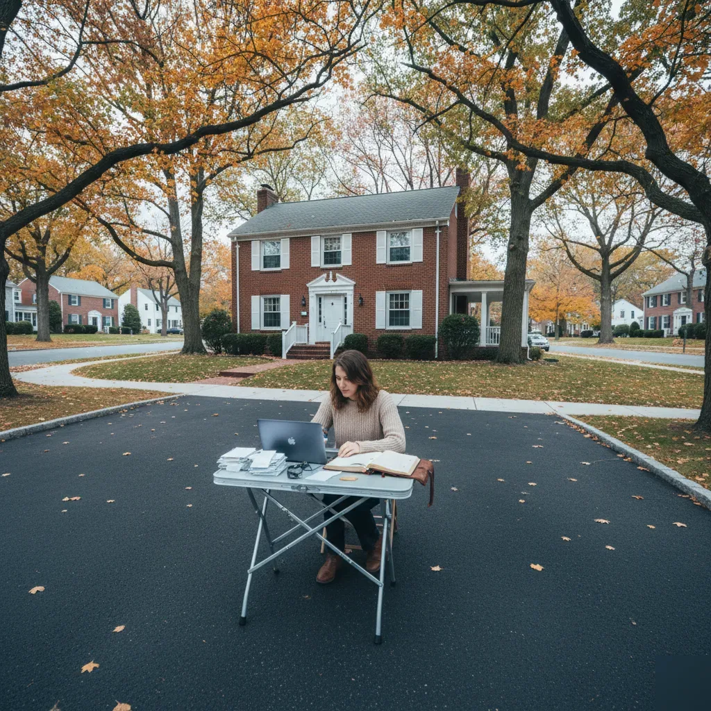 Person reviewing bookkeeping records on a laptop outside a brick Colonial home in Teaneck, New Jersey.