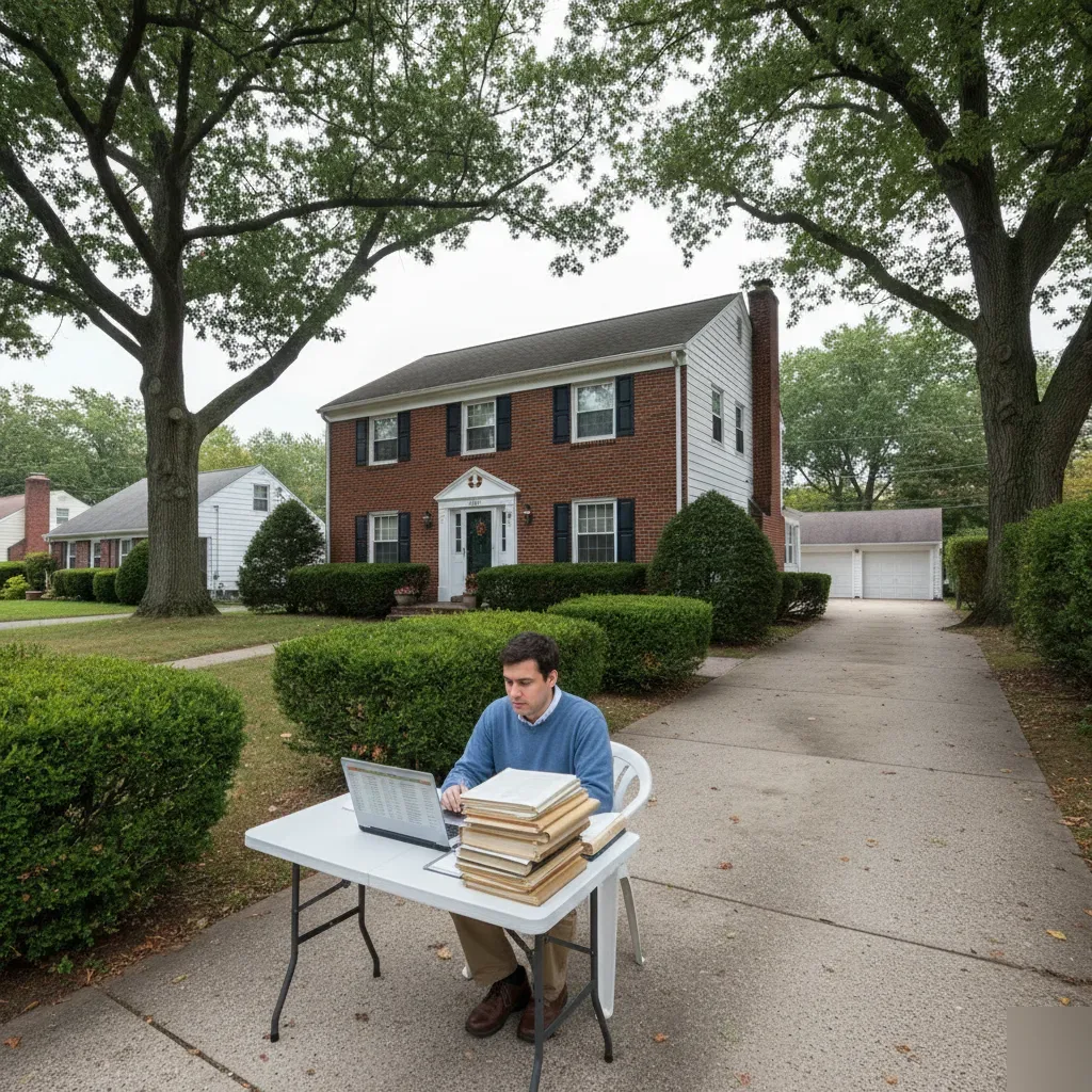 QuickBooks cleanup service being performed outside a colonial brick home in Teaneck, New Jersey.